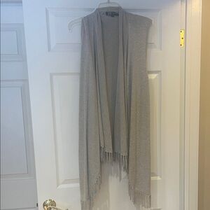 Central Park West Gray Fringe Sleeveless Cardigan